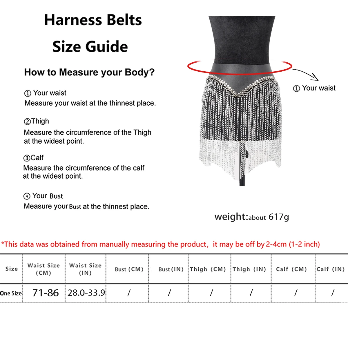 Women Gothic Tassel Chain Decor Waist Belt Adjustable Punk Street Style Casual Outfit Layering Accessory