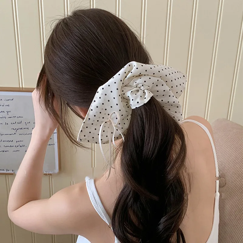 White Fabric Butterfly Large Intestine Hair Band Black Polka Dots Decor Hair Circle Horsetail Leather Band Hair Accessories A-