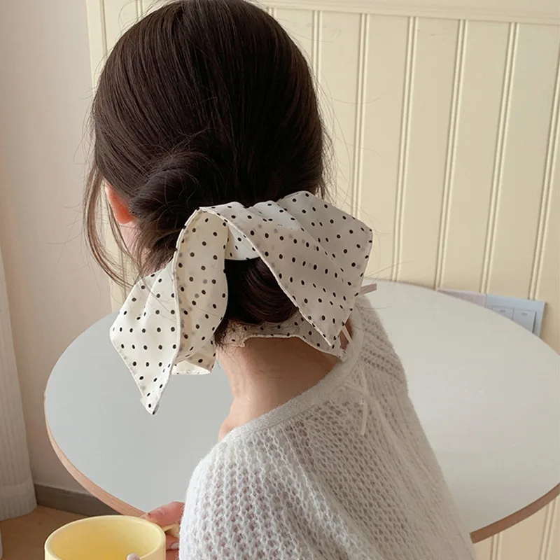 White Fabric Butterfly Large Intestine Hair Band Black Polka Dots Decor Hair Circle Horsetail Leather Band Hair Accessories A-