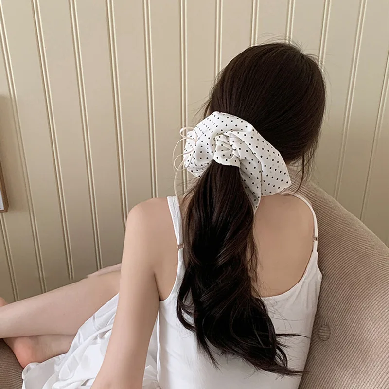 White Fabric Butterfly Large Intestine Hair Band Black Polka Dots Decor Hair Circle Horsetail Leather Band Hair Accessories A-