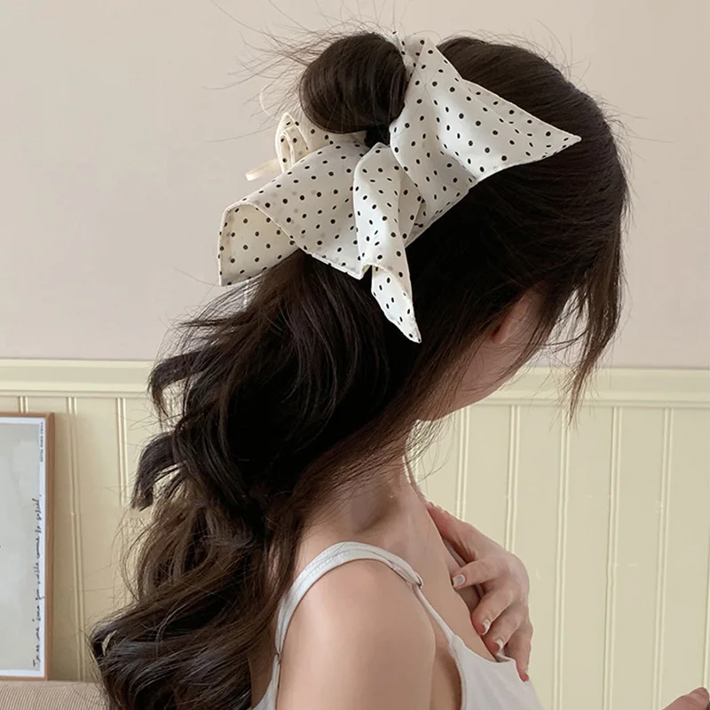 White Fabric Butterfly Large Intestine Hair Band Black Polka Dots Decor Hair Circle Horsetail Leather Band Hair Accessories A-