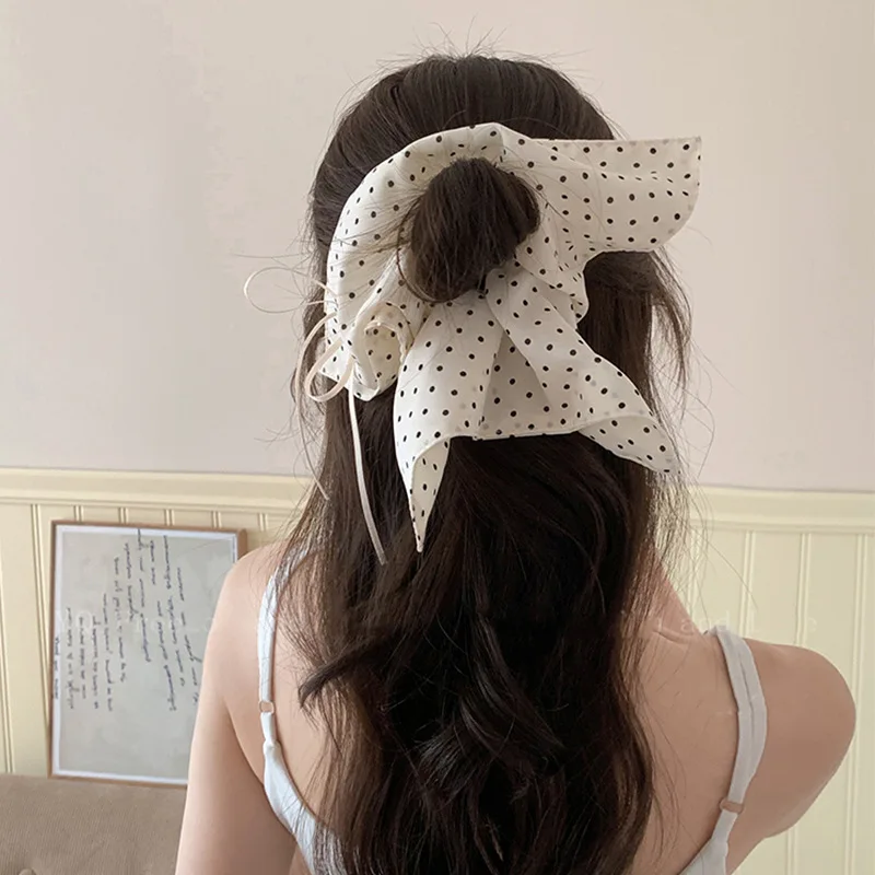 White Fabric Butterfly Large Intestine Hair Band Black Polka Dots Decor Hair Circle Horsetail Leather Band Hair Accessories A-