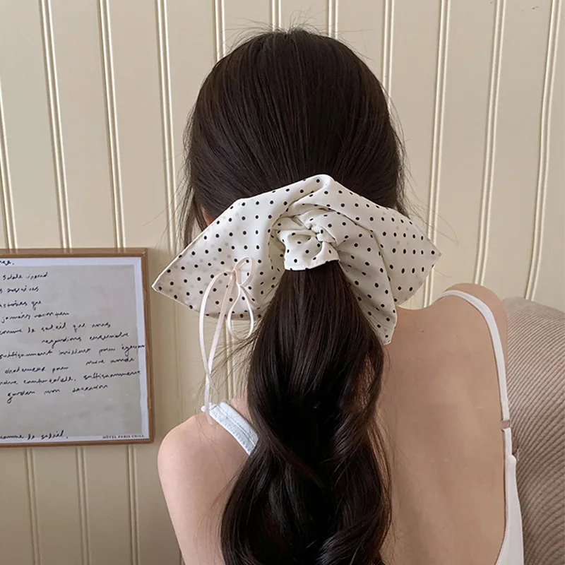 White Fabric Butterfly Large Intestine Hair Band Black Polka Dots Decor Hair Circle Horsetail Leather Band Hair Accessories A-