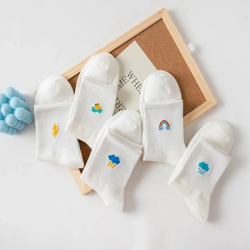 5 Pairs Of Women's Socks Set Spring And Autumn White Cartoon Socks Women's Cute Pure Cotton Weather Socks Fun Socks