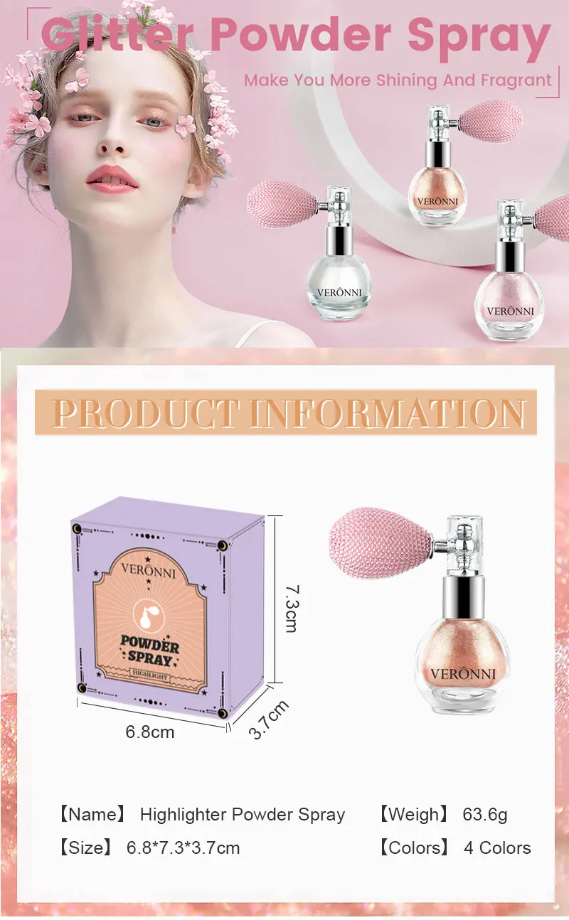 6-Color Diamond Highlighter Powder Spray Waterproof High Gloss Glitter Body Bronzer Highlight Powder Face Contour Illuminator