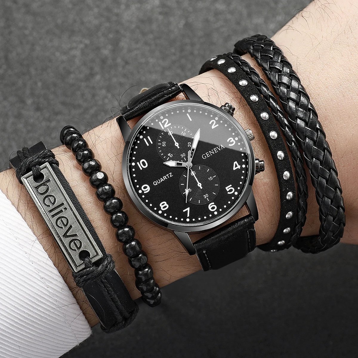 4/5PCS Fashion Men's Watches Man Business Quartz Wristwatch Vintage Leather Bracelets Set Reloj Hombre(Without Box)