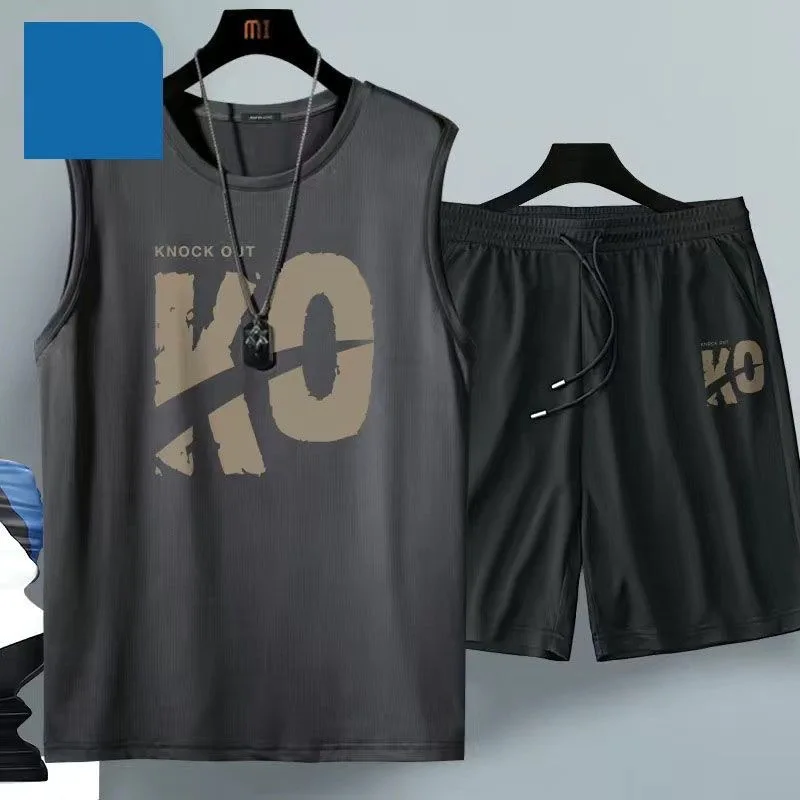 2024 Summer Men Clothing Harajuku Breathable Fashion Sportswear Basketball Suit Casual Short-Sleeved T-Shirt + Shorts 2-Piece