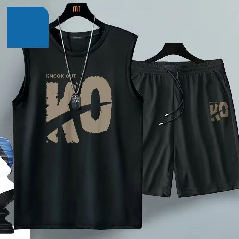 2024 Summer Men Clothing Harajuku Breathable Fashion Sportswear Basketball Suit Casual Short-Sleeved T-Shirt + Shorts 2-Piece