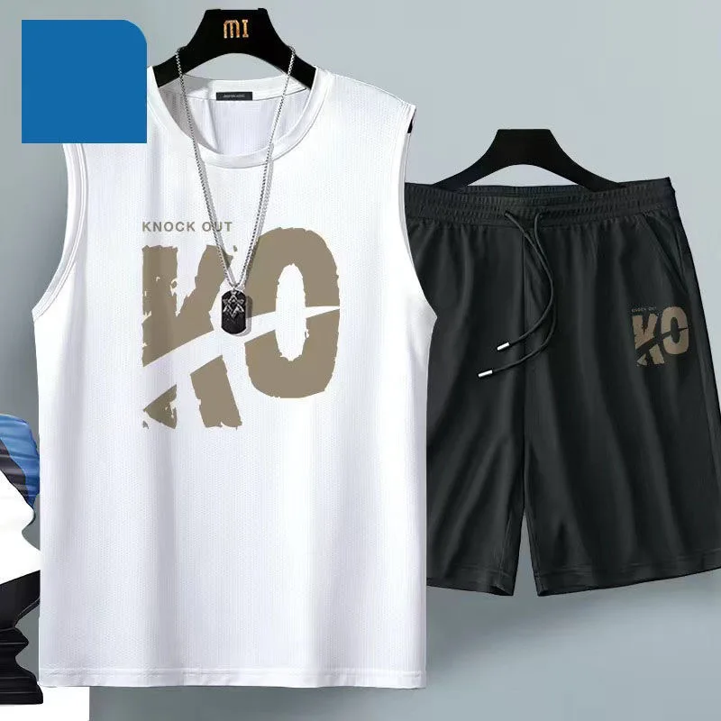 2024 Summer Men Clothing Harajuku Breathable Fashion Sportswear Basketball Suit Casual Short-Sleeved T-Shirt + Shorts 2-Piece