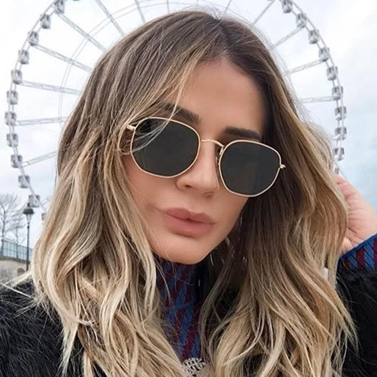 Men Sunglasses Hexagon Sun Glasses NEW Women Metal Frame Fishing Glasses Gold Tea Eyewear Lentes De Sol Hombre Okulary UV400
