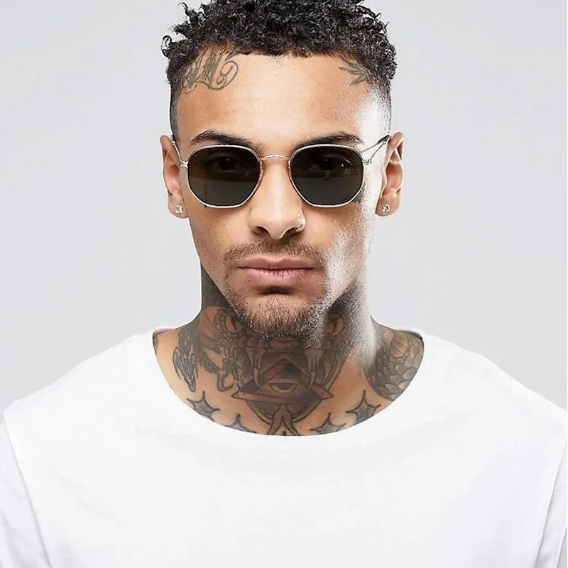 Men Sunglasses Hexagon Sun Glasses NEW Women Metal Frame Fishing Glasses Gold Tea Eyewear Lentes De Sol Hombre Okulary UV400