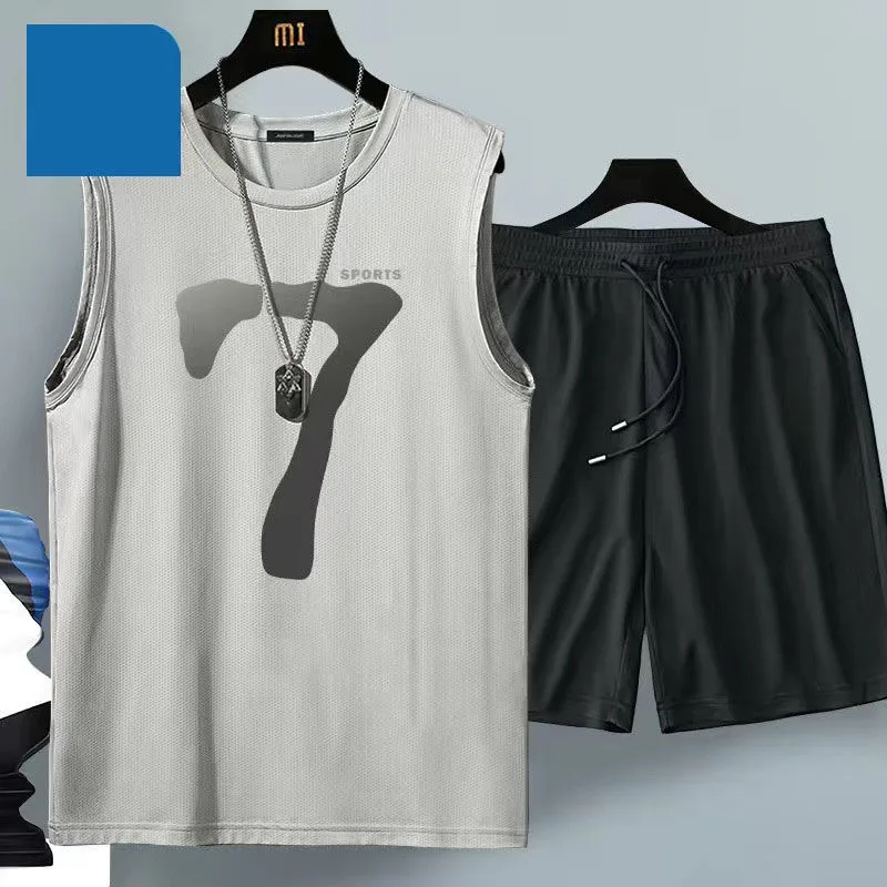 Summer Men's Clothing Sleeveless Basketball Suit Street Casual Sportwear 2 Piece Breathable Short Sleeve Tshirt + Jogging Shorts