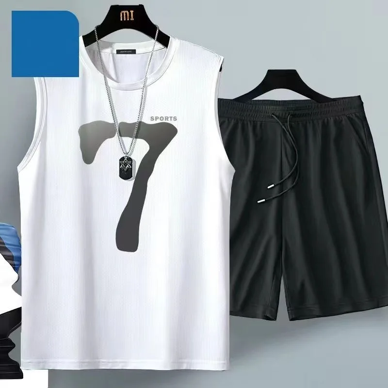 Summer Men's Clothing Sleeveless Basketball Suit Street Casual Sportwear 2 Piece Breathable Short Sleeve Tshirt + Jogging Shorts
