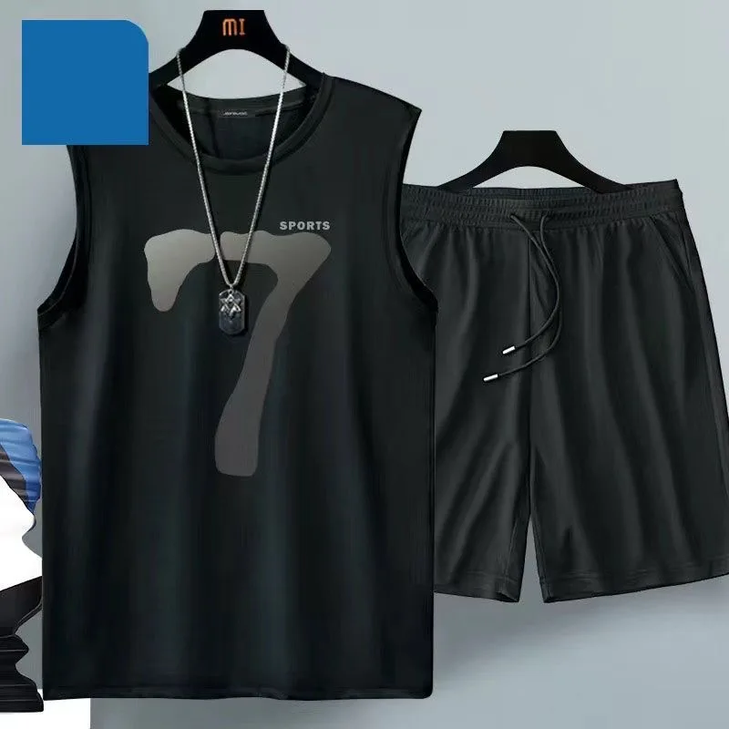 Summer Men's Clothing Sleeveless Basketball Suit Street Casual Sportwear 2 Piece Breathable Short Sleeve Tshirt + Jogging Shorts