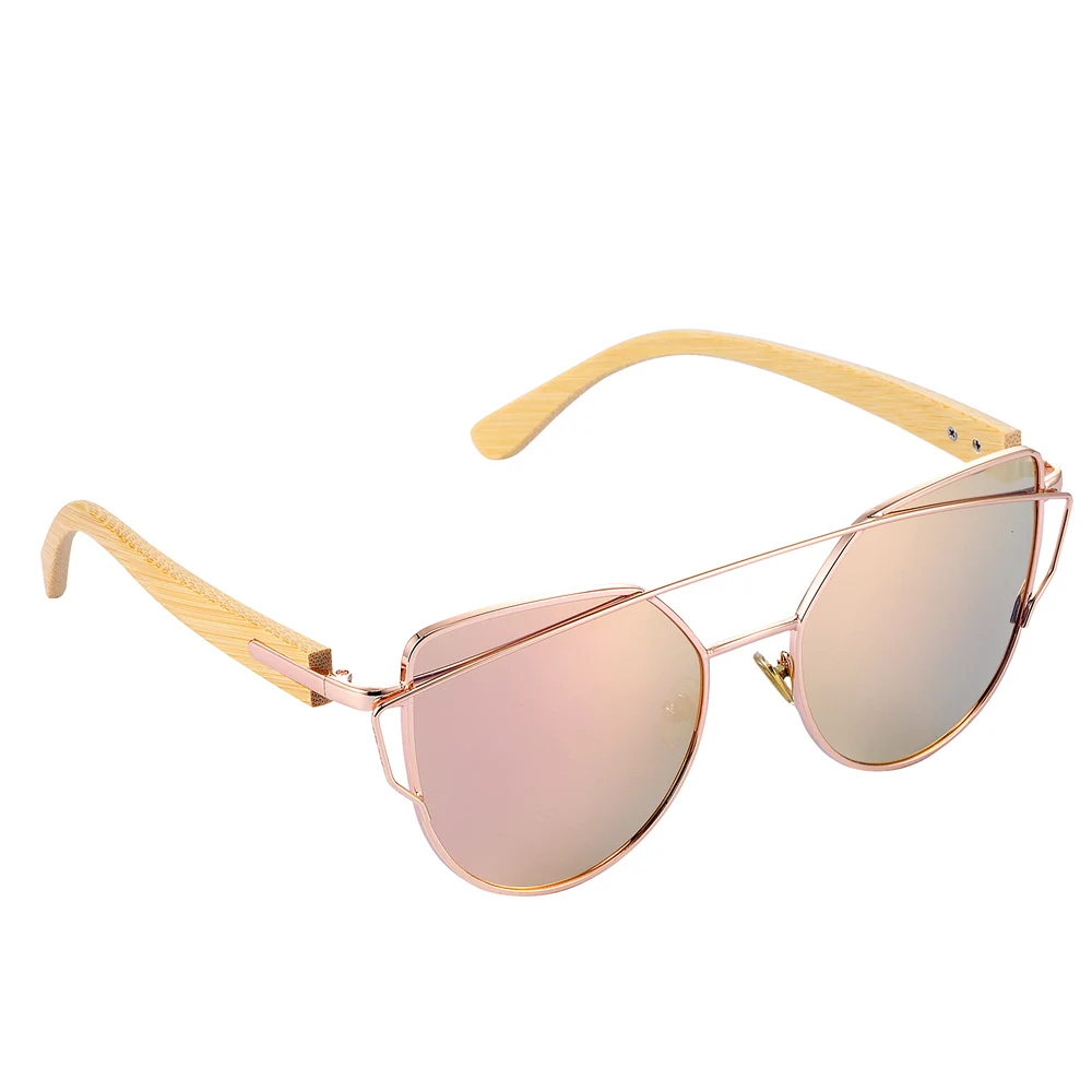BARCUR Bamboo Cat Eye Sunglasses Polarized Metal Frame Wood Glasses Lady Luxury Fashion Sun Shades With Box