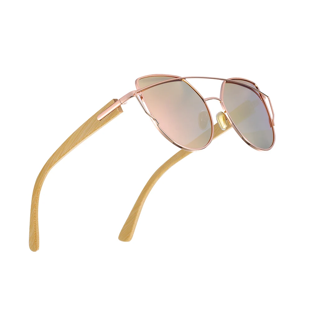 BARCUR Bamboo Cat Eye Sunglasses Polarized Metal Frame Wood Glasses Lady Luxury Fashion Sun Shades With Box