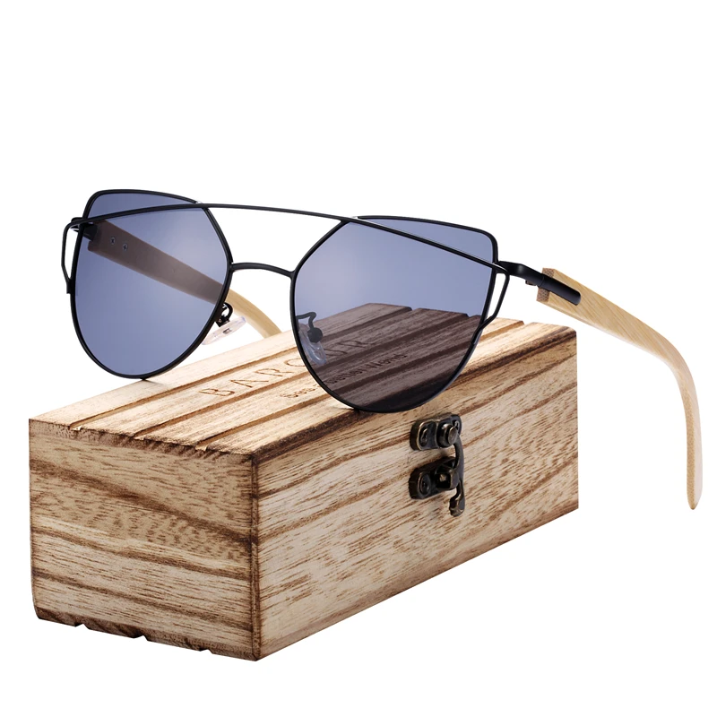 BARCUR Bamboo Cat Eye Sunglasses Polarized Metal Frame Wood Glasses Lady Luxury Fashion Sun Shades With Box