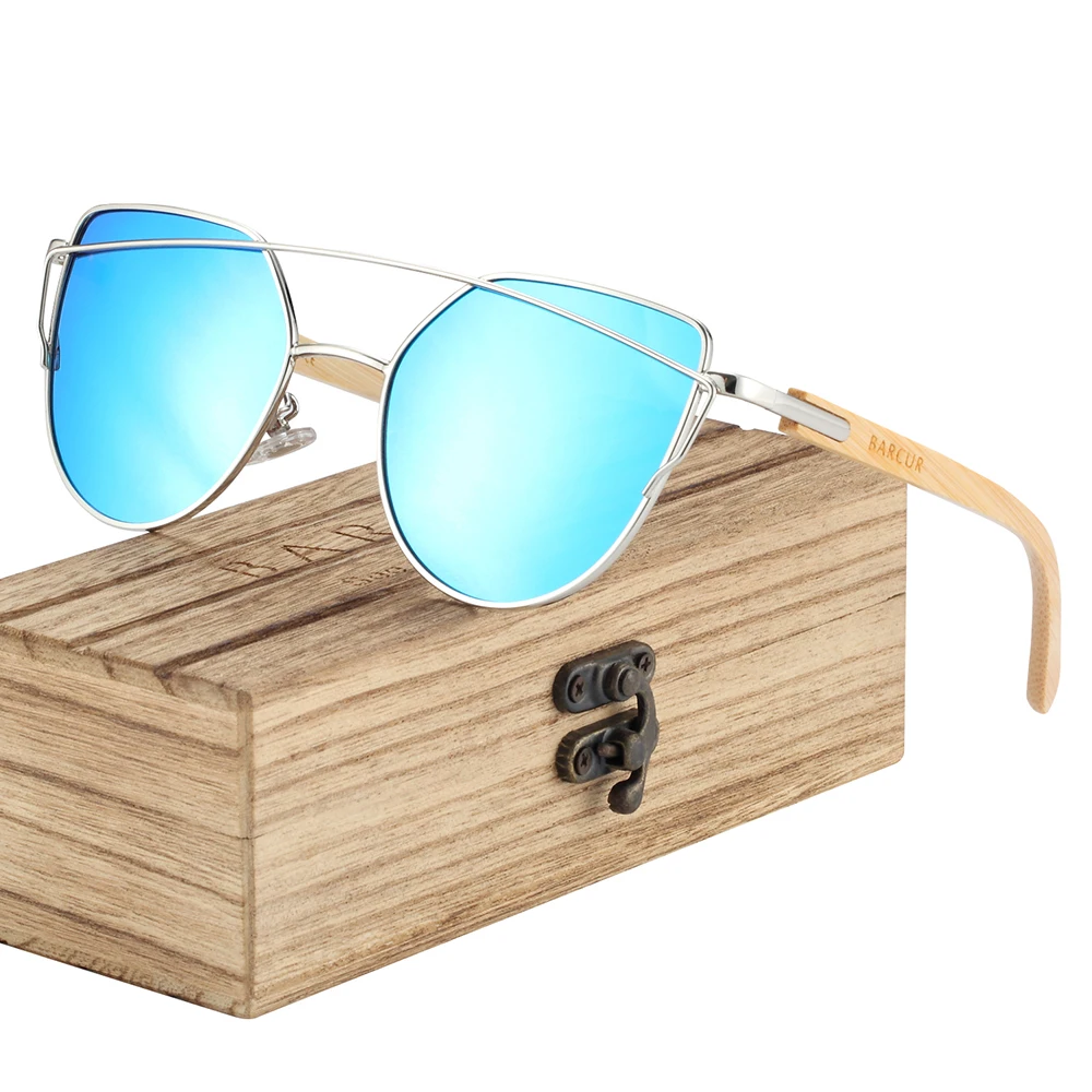 BARCUR Bamboo Cat Eye Sunglasses Polarized Metal Frame Wood Glasses Lady Luxury Fashion Sun Shades With Box