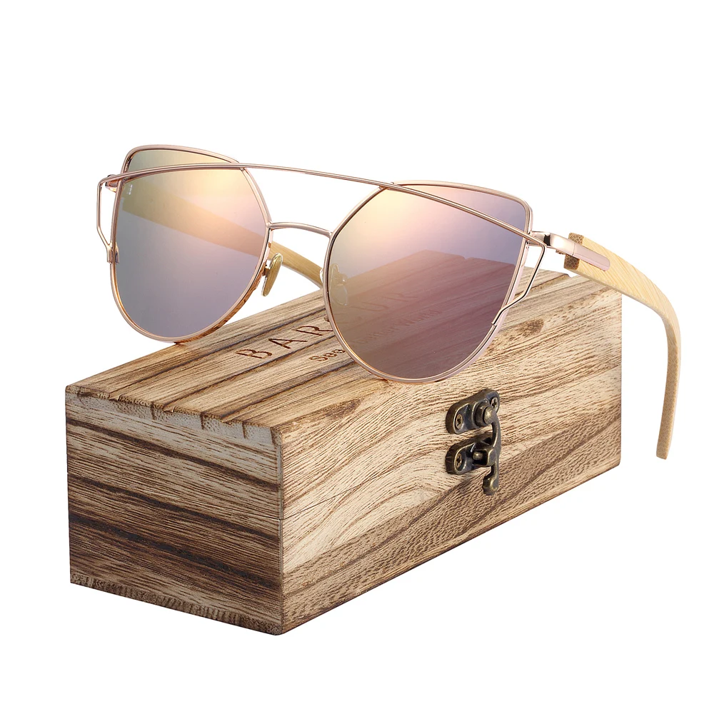 BARCUR Bamboo Cat Eye Sunglasses Polarized Metal Frame Wood Glasses Lady Luxury Fashion Sun Shades With Box