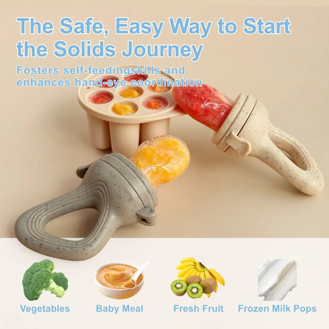 Baby Fruit Feeder Teether Pacifier with Baby Food Freezer Tray Set Silicone Freezable Teether for Fruit Purees Self Feeding