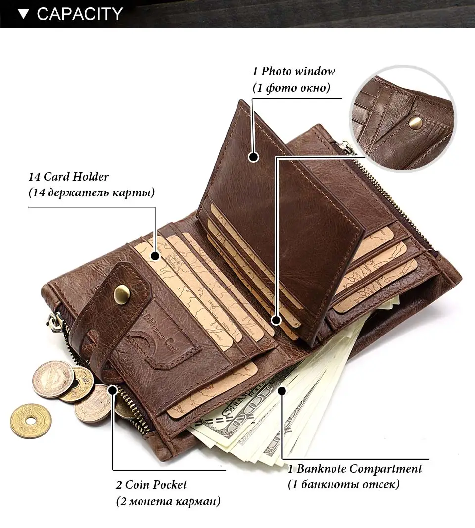 HUMERPAUL Retro Wallet for Men RFID Genuine Leather Hasp Zipper Card Holder Coin Purse Short Bifold Men Women Portomonee