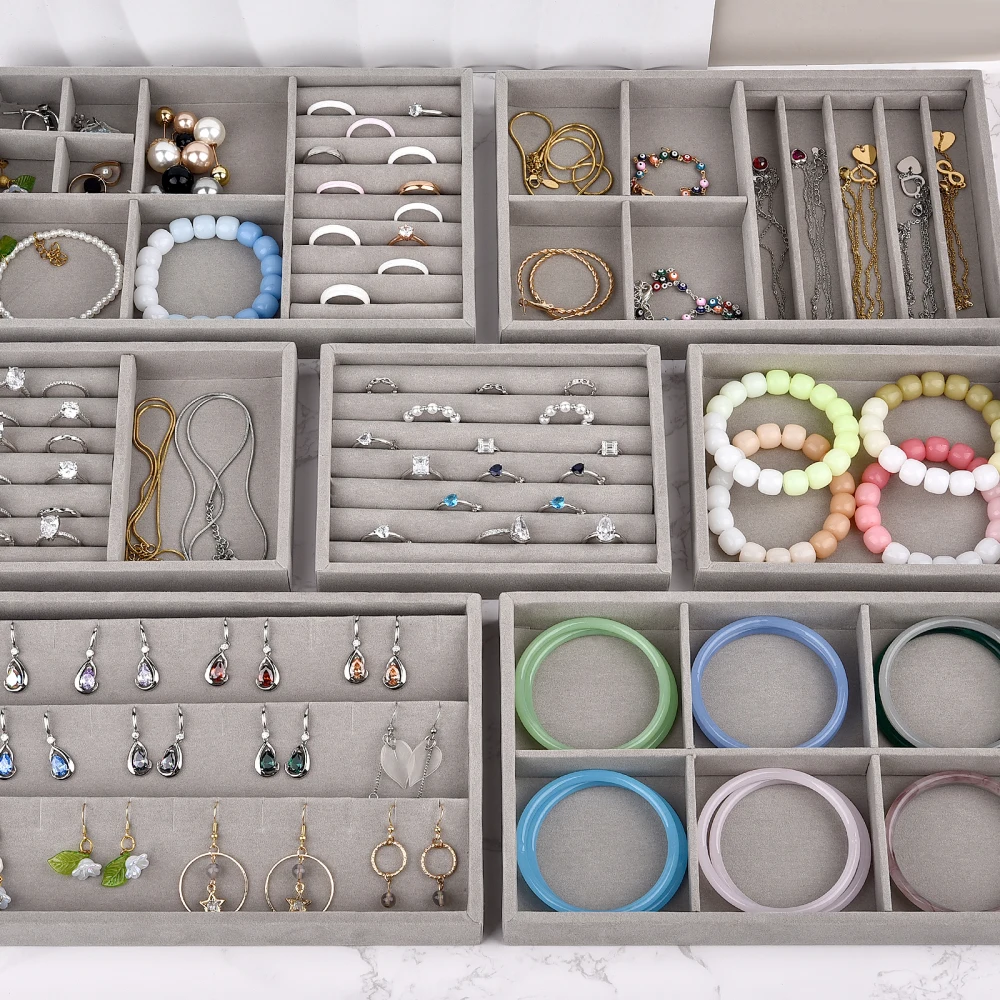 Soft Velvet Stackable Jewelry Tray Case Jewelry Display Storage Showcase Portable Ring Earring Necklace Organizer Jewelry Holder