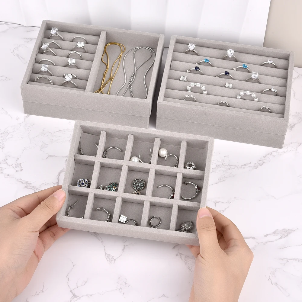 Soft Velvet Stackable Jewelry Tray Case Jewelry Display Storage Showcase Portable Ring Earring Necklace Organizer Jewelry Holder