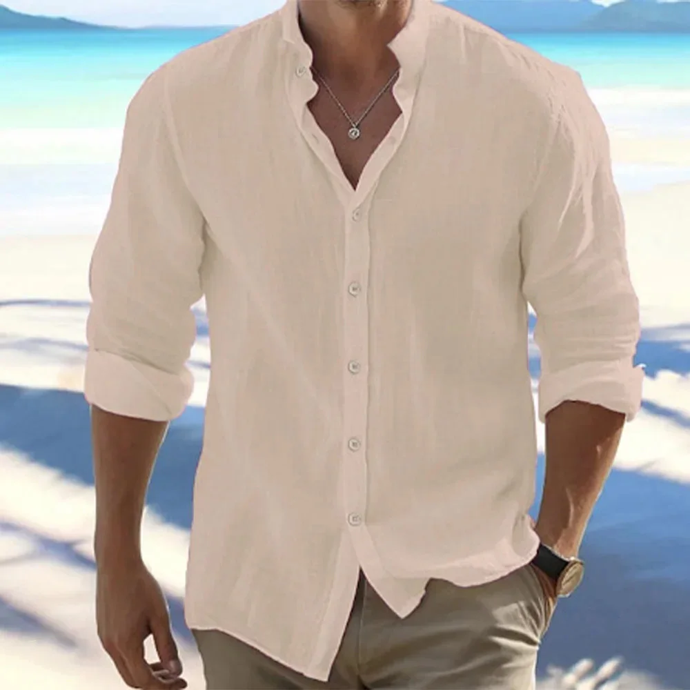Men's Long-Sleeved Cotton Linen Summer Hot Sale Beach Style Shirts Solid Color Casual Versatile Stand-Up Collar Shirt Male Top