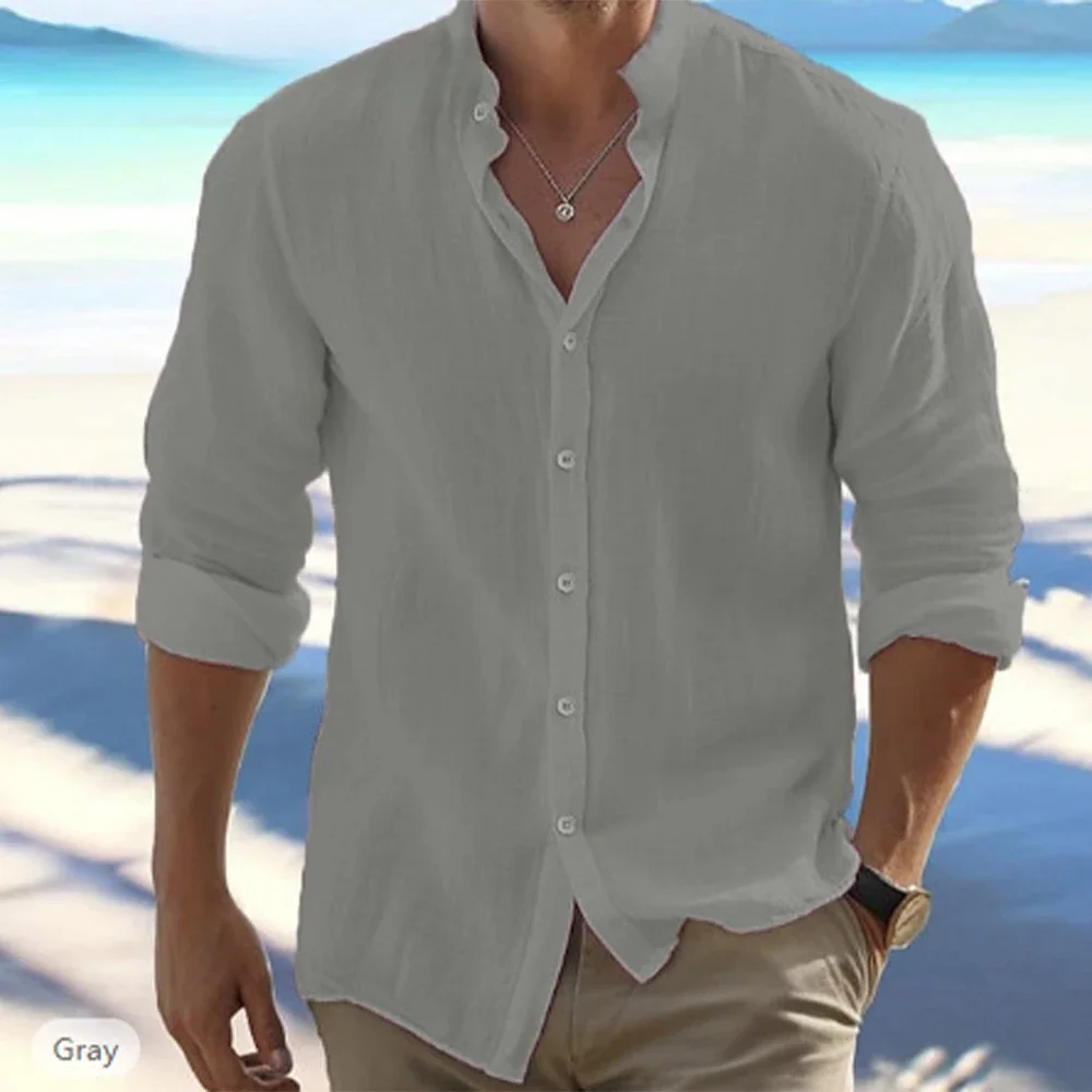 Men's Long-Sleeved Cotton Linen Summer Hot Sale Beach Style Shirts Solid Color Casual Versatile Stand-Up Collar Shirt Male Top
