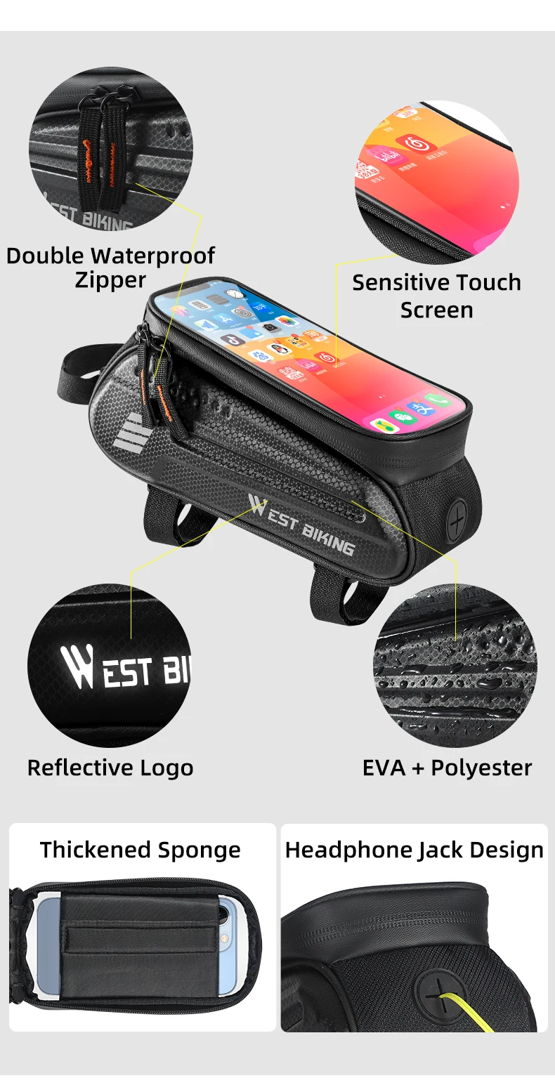 WEST BIKING Bicycle Bag 7.0 Inch Phone Bag Waterproof Front Frame Cycling Bag Sensitive Touch Screen MTB Road Bike Bag