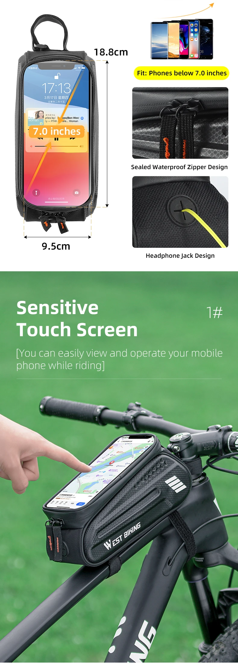 WEST BIKING Bicycle Bag 7.0 Inch Phone Bag Waterproof Front Frame Cycling Bag Sensitive Touch Screen MTB Road Bike Bag