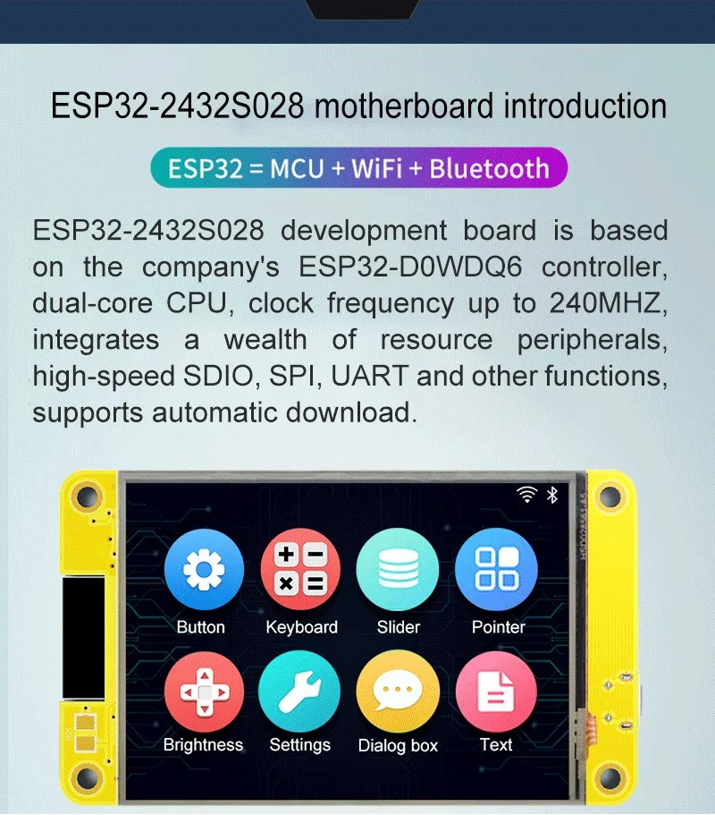 ESP32 MCU 2.8 Inch Smart Display for Arduino LVGL WIFI Bluetooth Touch WROOM 240*320 Screen LCD TFT Module with Free Tutorials