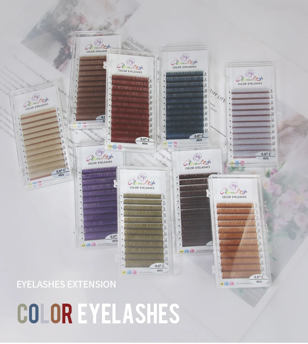 GLAMLASH Colored Lashes Lake Blue/Lavender/Cinnamon/Dark Green/Matcha Grey Individual Natural False Colorful Eyelash Extension