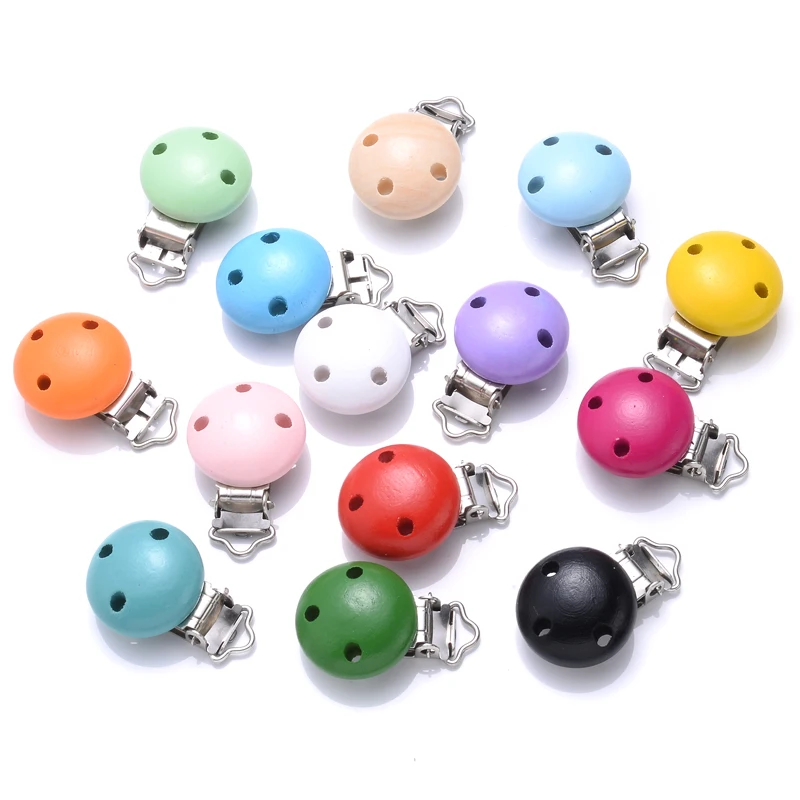 10Pcs 14Color Wooden Baby Pacifier Holder Clip 30mm Round Dummy Nipple Clasps for DIY Pacifier Clips Chain Teether Accessories