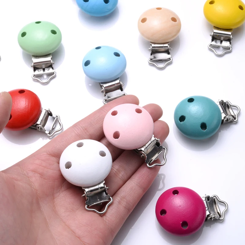 10Pcs 14Color Wooden Baby Pacifier Holder Clip 30mm Round Dummy Nipple Clasps for DIY Pacifier Clips Chain Teether Accessories