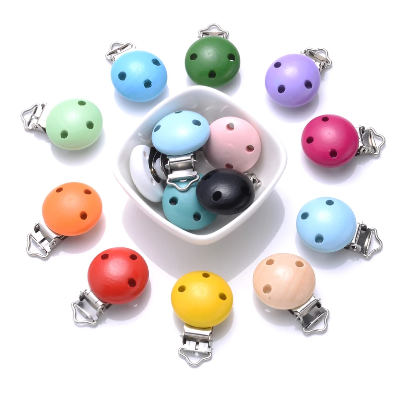 10Pcs 14Color Wooden Baby Pacifier Holder Clip 30mm Round Dummy Nipple Clasps for DIY Pacifier Clips Chain Teether Accessories