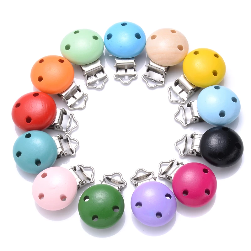 10Pcs 14Color Wooden Baby Pacifier Holder Clip 30mm Round Dummy Nipple Clasps for DIY Pacifier Clips Chain Teether Accessories