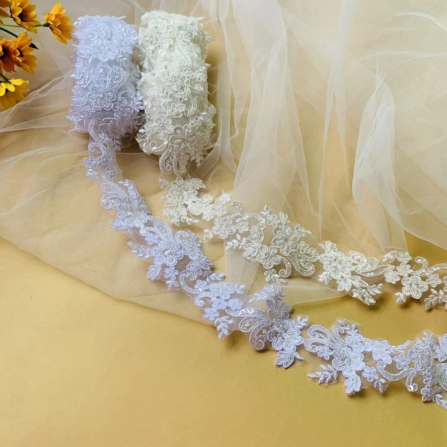 1 Yard Embroidery Lace Fabric Trim Appliques For Wedding Dresses Bags Curtain Accessories Rhinestone DIY Sewing Repair