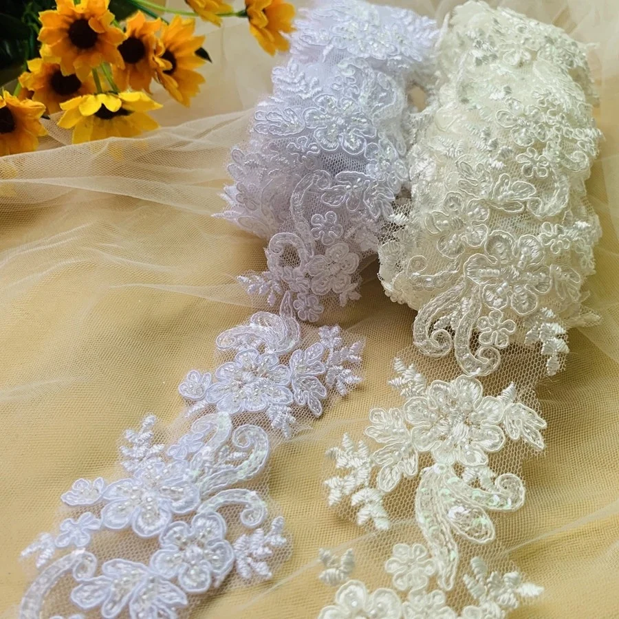 1 Yard Embroidery Lace Fabric Trim Appliques For Wedding Dresses Bags Curtain Accessories Rhinestone DIY Sewing Repair