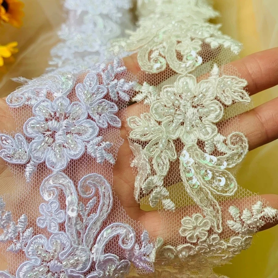 1 Yard Embroidery Lace Fabric Trim Appliques For Wedding Dresses Bags Curtain Accessories Rhinestone DIY Sewing Repair
