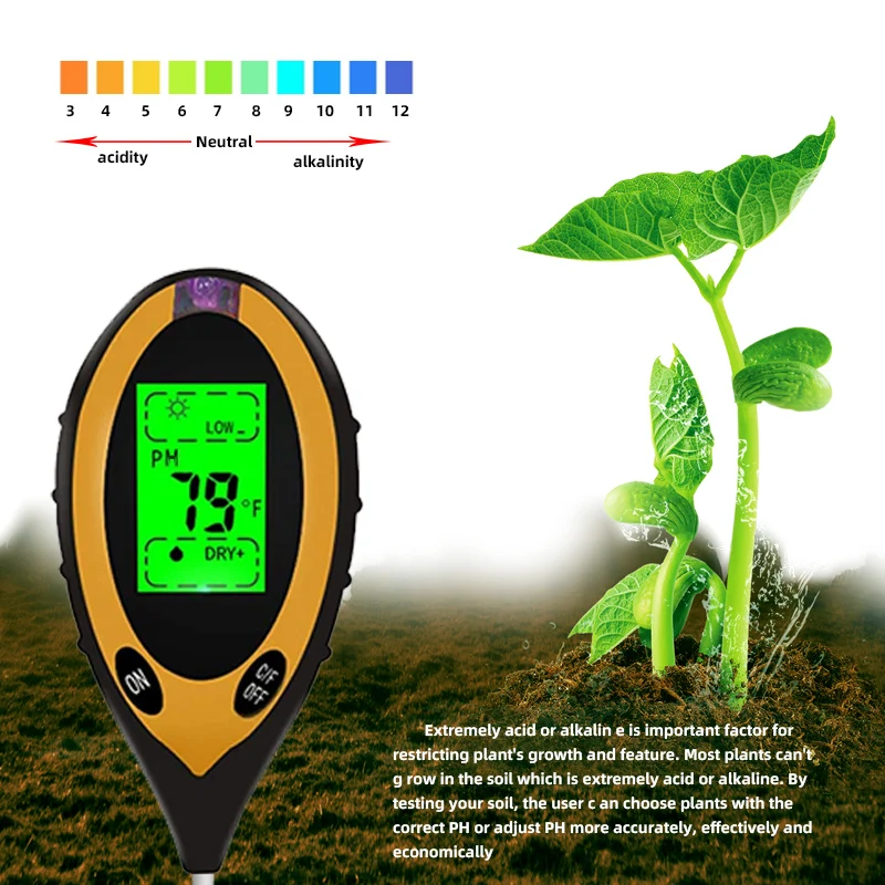 Soil PH Meter Tester Soil Tester PH Moisture Meter Temperature Sunlight Intensity Measurement Analysis Soil Acidity Test 4 in 1