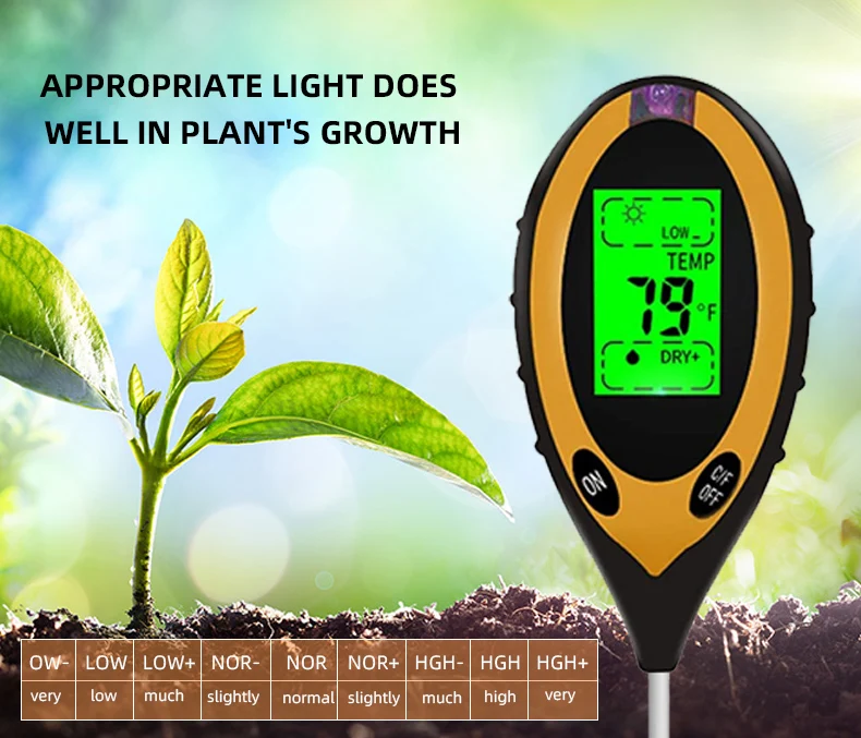 Soil PH Meter Tester Soil Tester PH Moisture Meter Temperature Sunlight Intensity Measurement Analysis Soil Acidity Test 4 in 1