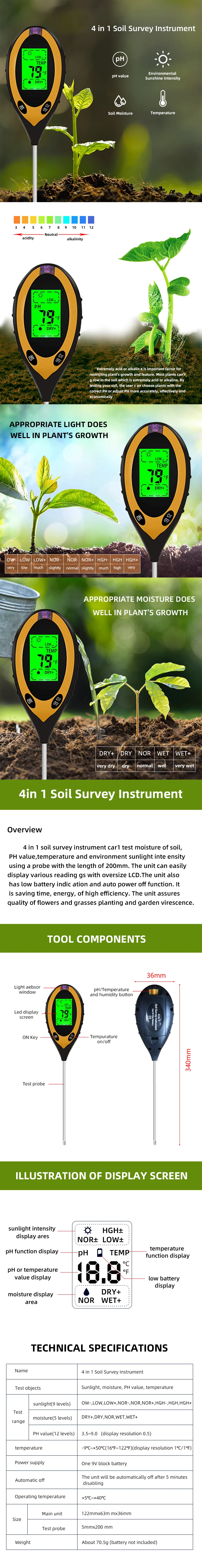 Soil PH Meter Tester Soil Tester PH Moisture Meter Temperature Sunlight Intensity Measurement Analysis Soil Acidity Test 4 in 1