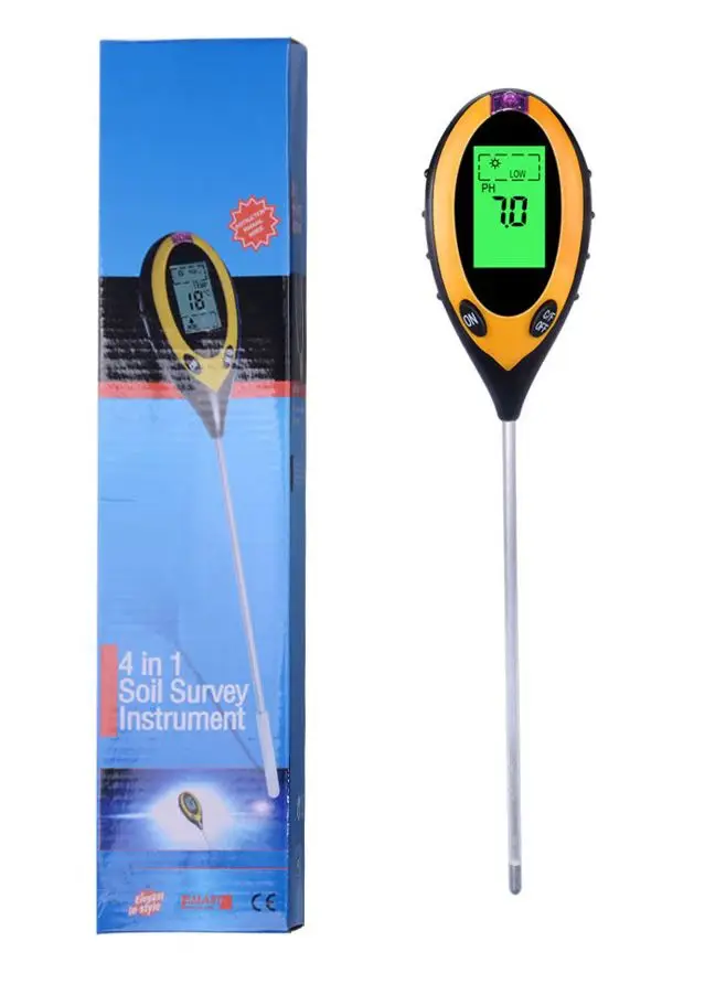 Soil PH Meter Tester Soil Tester PH Moisture Meter Temperature Sunlight Intensity Measurement Analysis Soil Acidity Test 4 in 1