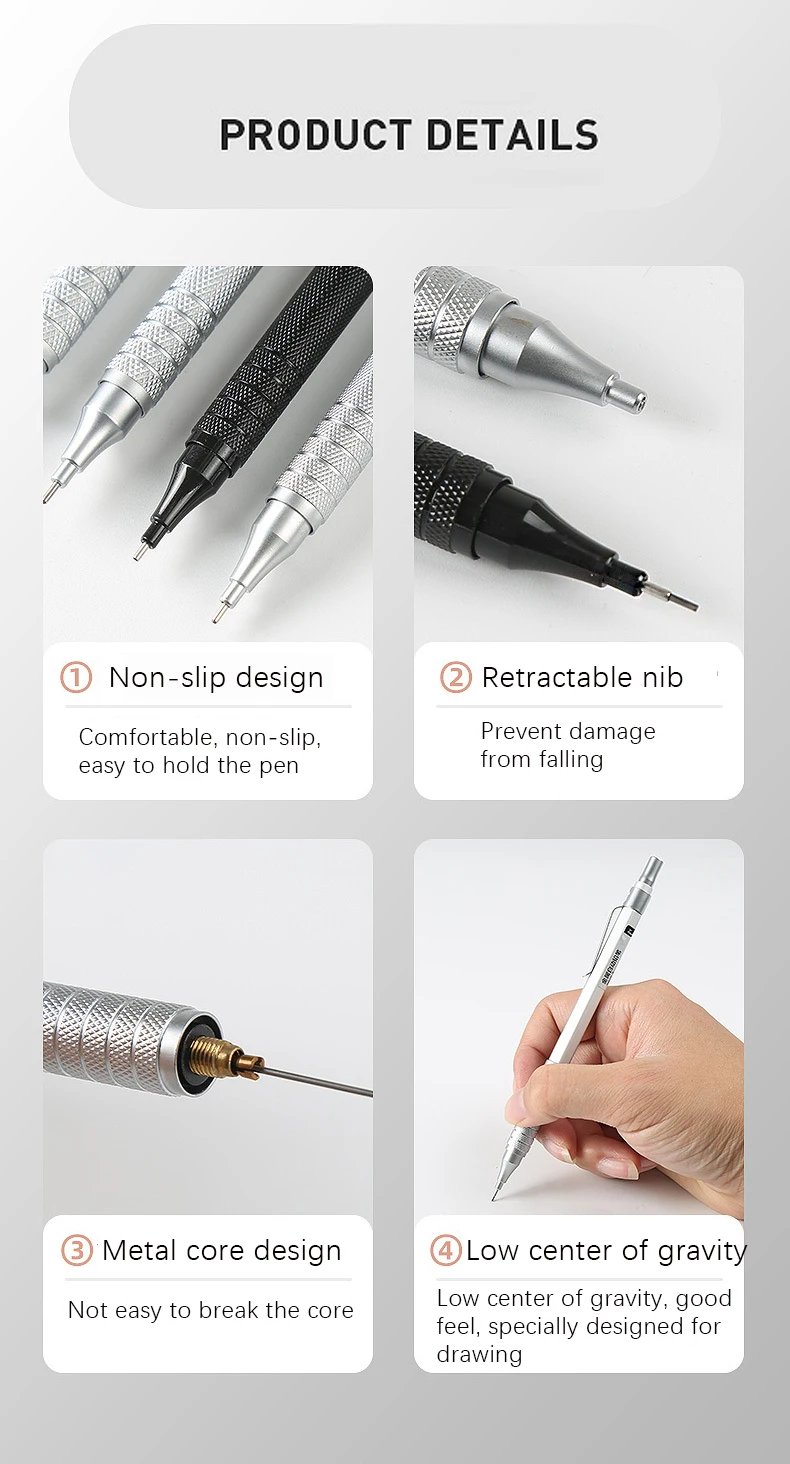 High Quality Metal Mechanical Pencils Set with Lead Refills Drafting Automatic Pencil 0.3, 0.5, 0.7, 2.0mm for Art Supply