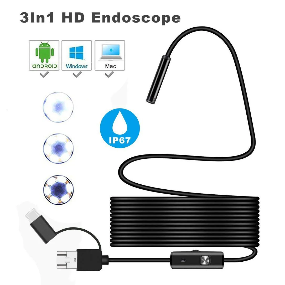 5.5mm /7mm 3 in 1 Endoscope USB Flexible Car Pipe Inspection Borescope Camera with 6 LED lights Support Type-C Android Phone PC