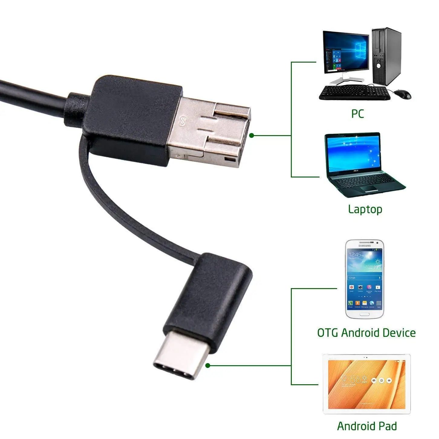 5.5mm /7mm 3 in 1 Endoscope USB Flexible Car Pipe Inspection Borescope Camera with 6 LED lights Support Type-C Android Phone PC