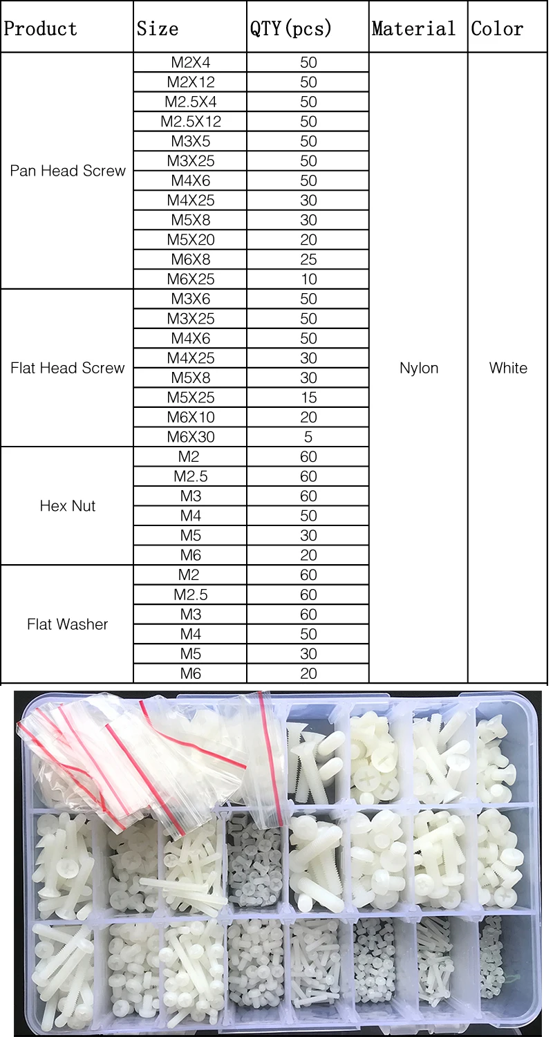 M2 M2.5 M3 M4 M5 White Nylon Screw Nut Washer Set Nylon Plastic Phillips Insulated Countersunk Pan Head Cross Round Screw Bolt