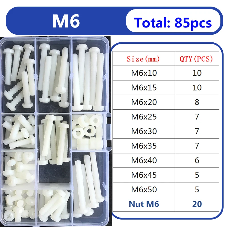 M2 M2.5 M3 M4 M5 White Nylon Screw Nut Washer Set Nylon Plastic Phillips Insulated Countersunk Pan Head Cross Round Screw Bolt