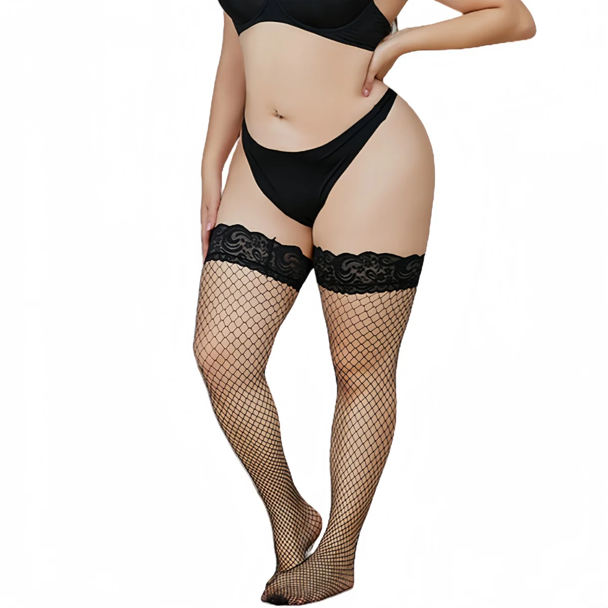 Large Plus Size Black Lace Top Fishnets Long Socks Silicone Non-slip Thigh Over Knee High Mesh Stockings for Girls Women XXXXL